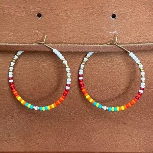 Southwestern Beaded Hoop Earrings - White & Red
